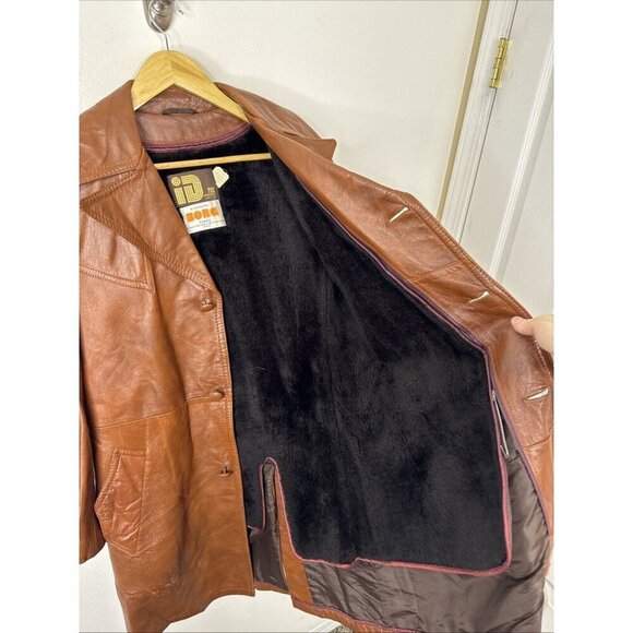 Vintage Rice Sports Wear 70s Coat Men 38 S Brown Leather Hipster Mod Disco Borg - Picture 8 of 9